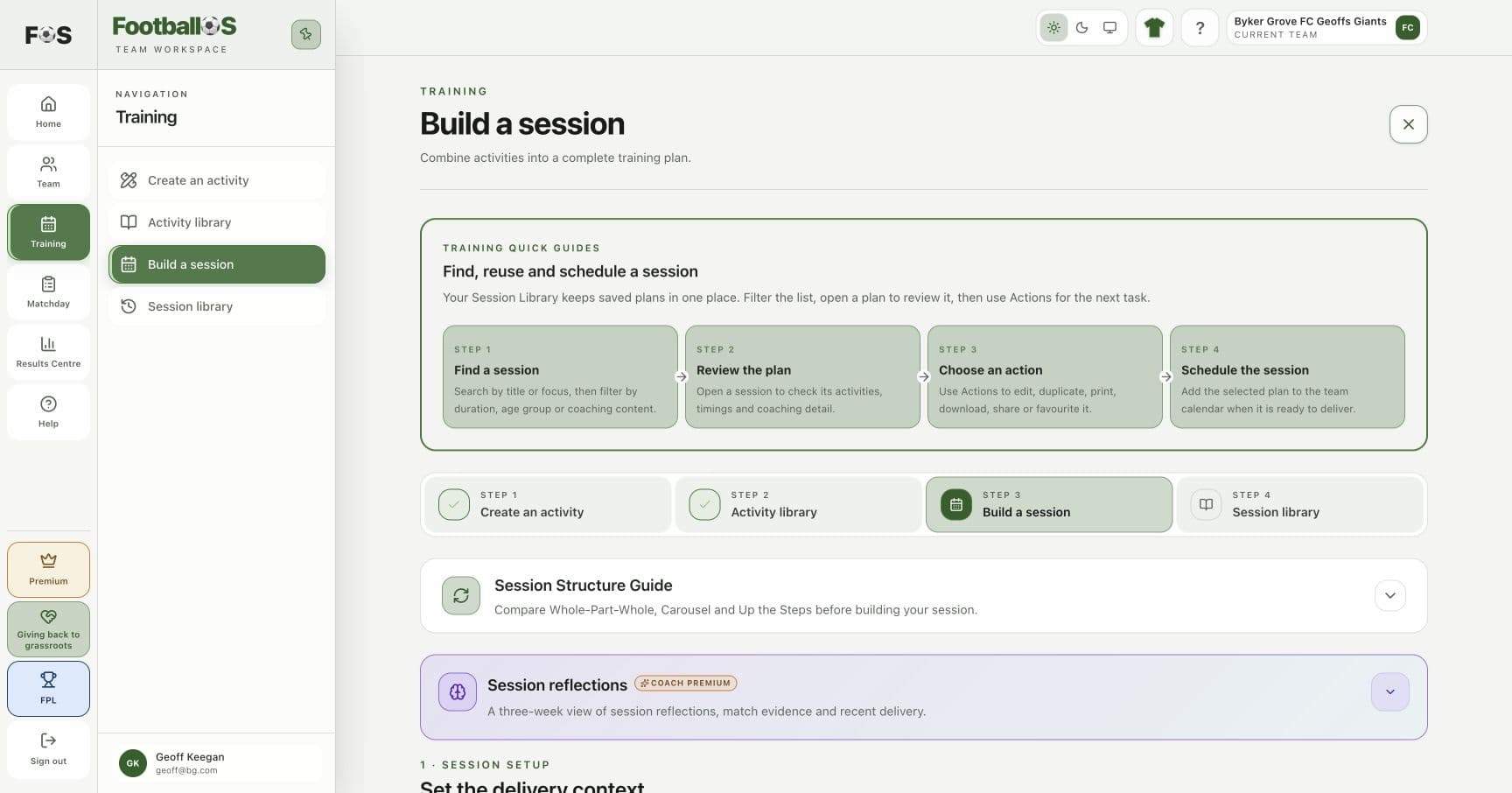 The current FootballOS session builder in light mode