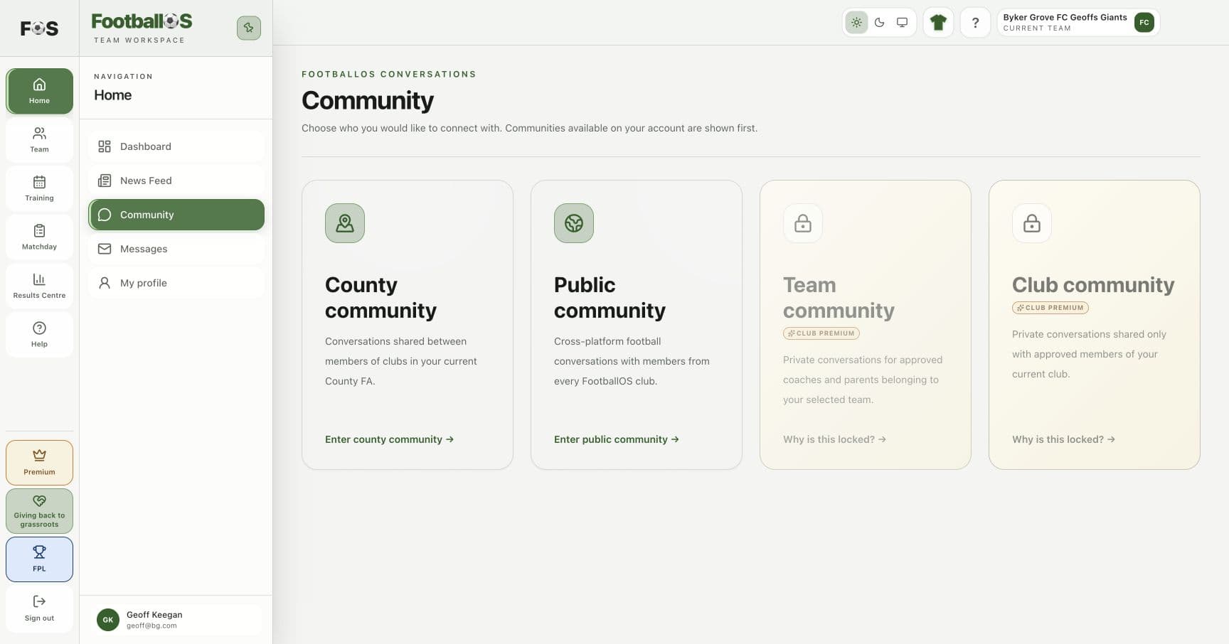 The current FootballOS Community page in light mode